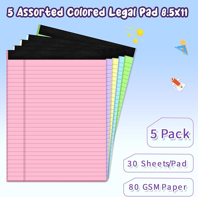 5 pcs Legal Pads 8.5 x 11 Note Pads, Colored Legal Notepads 8.5 x 11, Notebook Wide Ruled Paper, Micro Perforated Writing Pads, Lined Paper Pads, Pad of Paper for Office Home School, 30 Sheets/Pack