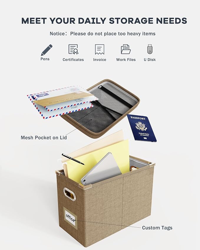 Hanging Filing File Box with Mesh Pocket, File Organizer Box with Lid, Collapsible Document Organizer Box for Letter Size, Easy Slide Durable Storage Box for Office/Decor/Home (2 PCS, Khaki)