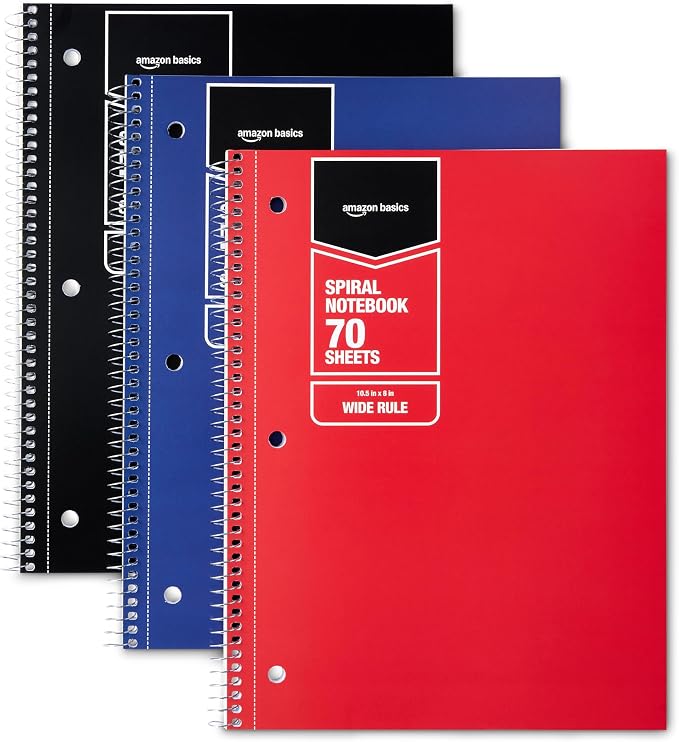 Amazon Basics Wide Ruled Spiral Notebooks, 70 Sheets, 7-1/2" x 10-1/2", Perforated, Assorted Primary Solid Colors, 3 Pack