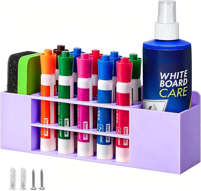 Wall Mounted Magnetic Dry Erase Marker Holder for White Board | Acylic Strong Magnet Pen Holder for Fridge&Refrigerator, Pencil Holder for Classroom, Office, Locker Organizer-Purple