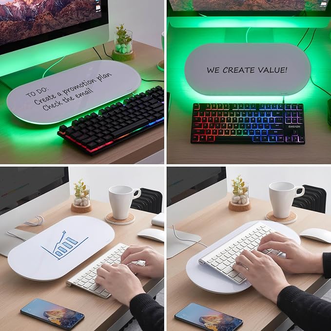 Glass Desktop Whiteboard - 17 X 7 Inches Small Dry Erase Board with Green Light, Glass White Board Surface Notepad with 1 Drawer, Desk Organizers for Office, Home, School Supplies