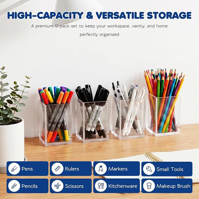 Acrylic Pen Holder 12 Pack, Clear Pencil Cup Desktop Organizer, Makeup Brush Holder, Acrylic Pencil Organizer for Desk Office School Supplies Storage