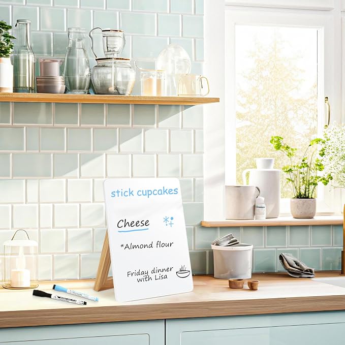 Desktop Glass Whiteboard, 9.5"x 6.7" Desk Dry Erase Board with Wood Stand | Reversible Wooden Stand, Small Dry Erase Board, Portable Whiteboard for Desk, Reusable Desk Notepad for Home, Office