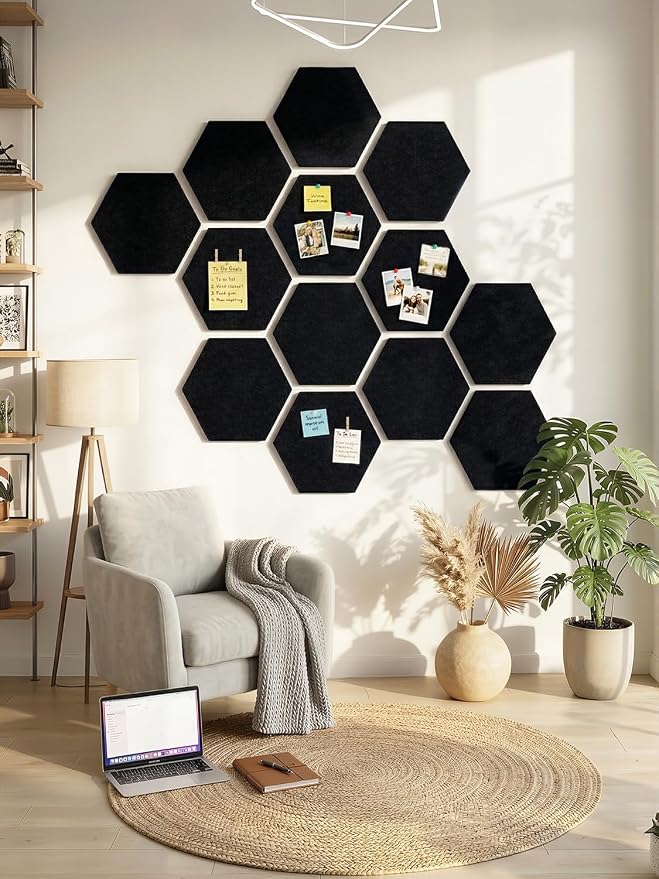 8-Pack Hexagon Felt Bulletin Board Tiles, Cork Board Alternative | For students and teachers creating vision boards in homes, offices, dorms or classrooms; includes 40 tabs and 30 push pins