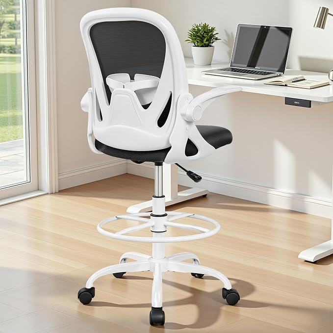 Ergonomic Drafting Chair with Flip-up Armrests Tall Office Chair for Standing Desk Comfortable Desk Chair with Adjustable Footrest Ring and Lumbar Support in Gray Perfect for Home (White)