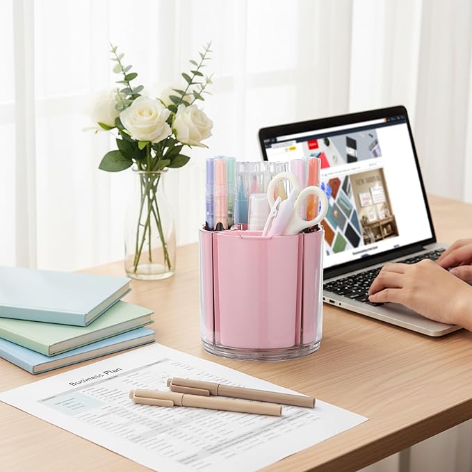 Comix 360° Rotating Pen Holder for Desk, Pencil Holder with 5 Slots, Cute Pink Plastic Desk Organizer for Home School Office Supplies