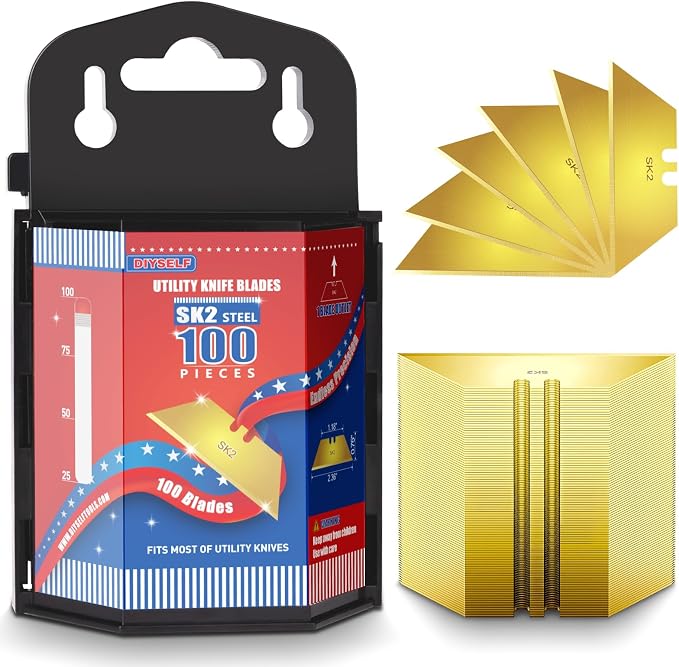 DIYSELF 100 Pack Razor Blades, SK2 Steel Utility Knife Blade Refills, Gold | Bulk Replacement Supply, Box Cutter Blades for Cardboard and Drywall, Utility Razor Blades for Workshops and Contractors