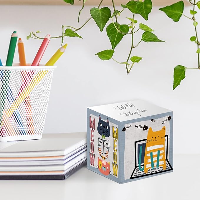 Whimsical Cats Sticky Note Cube / 600 Sheets / 2.75" Memo Block Printed on 4 Sides/Different Feline Design On Each Side/Cat Lover Note Cube