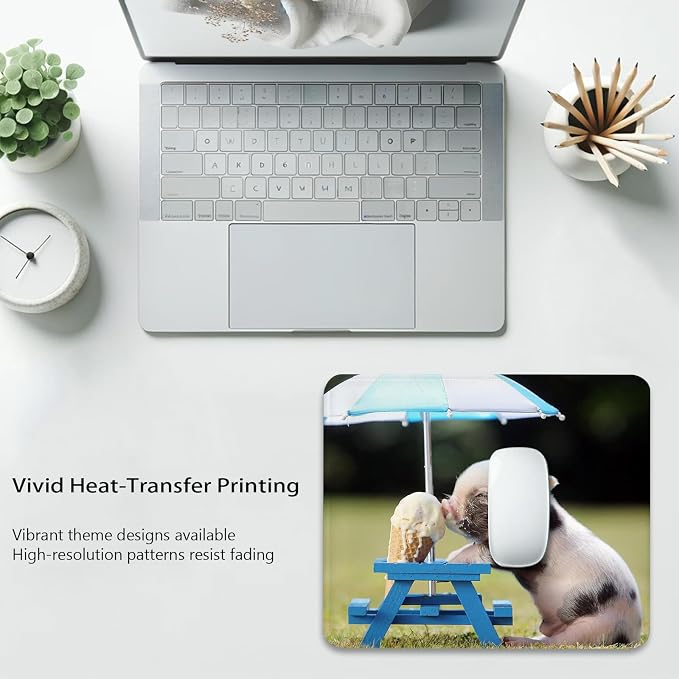 Funny Pig Pet Mouse Pad, Cute Piglet Enjoying Ice Cream Desk Mat | Mousepad Stitched, Anti-Slip Base Smooth Surface, 9.5 x 7.9 Inches