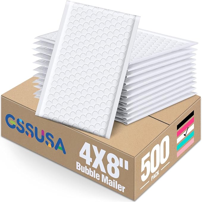 GSSUSA White Bubble Mailers 4x8 Padded Envelopes 500Pack, Small Bubble Mailer Self Seal Bubble Envelopes Waterproof Padded Mailers for Small Business, Padded Mailing Envelopes, Shipping Supplies