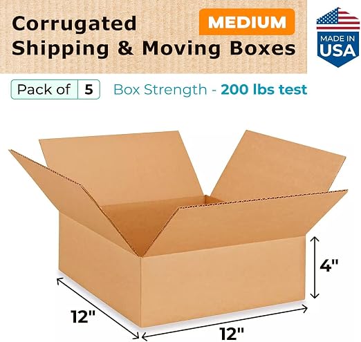 Medium Moving & Shipping Boxes 12 x 12 x 4 inches (5-Pack) - Extra Strength 200 lb vs Regular - Corrugated Durable Packaging Boxes - Medium Moving Box - Cardboard Packing Box by IDL Packaging | Extra Strength 200 lb vs Regular - Corrugated Durable Pack...