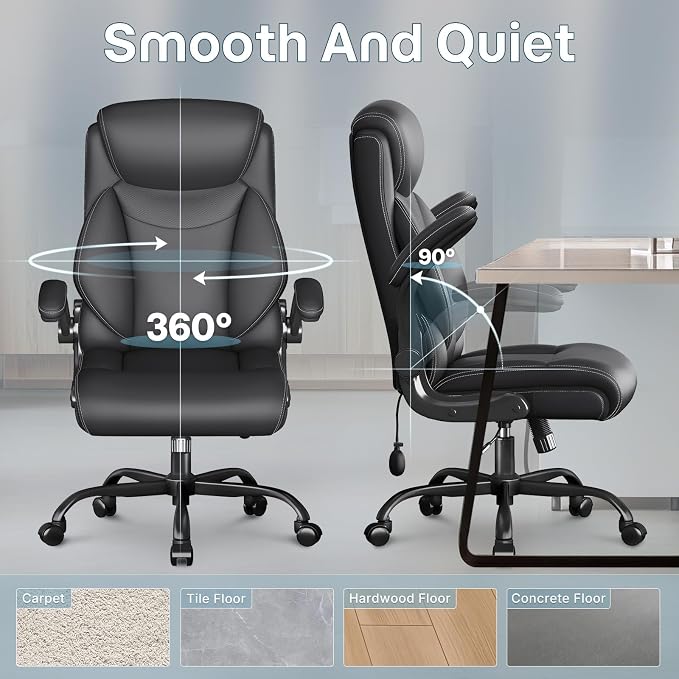 Ergonomic Office Chair, Big and Tall Office Chair, Executive Chair- Padded Leather Comfy Chair with Adjustable Lumbar Support & Flip-Up Arms, Rocking Swivel Chair for Home Office,Black