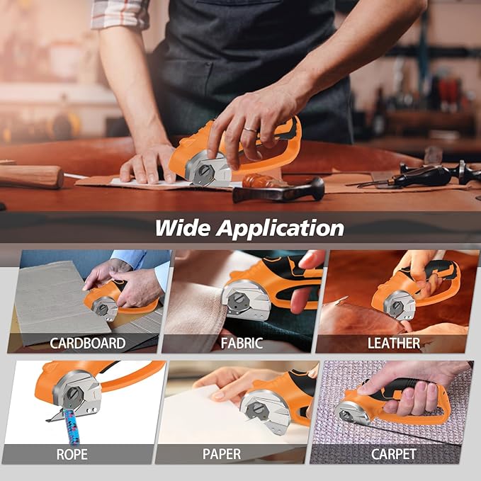 Cordless Electric Scissors, 4V Rechargeable Box Cutter & Cardboard Cutter with Titanium Blade, LED Light, Safety Lock - Rotary Cutter for Fabric, Leather, Carpet, Plastic, Crafting, Sewing(Orange)