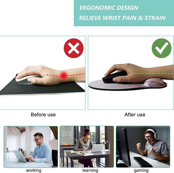 Mouse Pad with Wrist Support, Ergonomic Mouse Pad with Memory Foam Wrist Rest Cushion, Non-Slip Rubber Base Gaming Mice Pad for Home Office Computer Laptop, Pink Marble