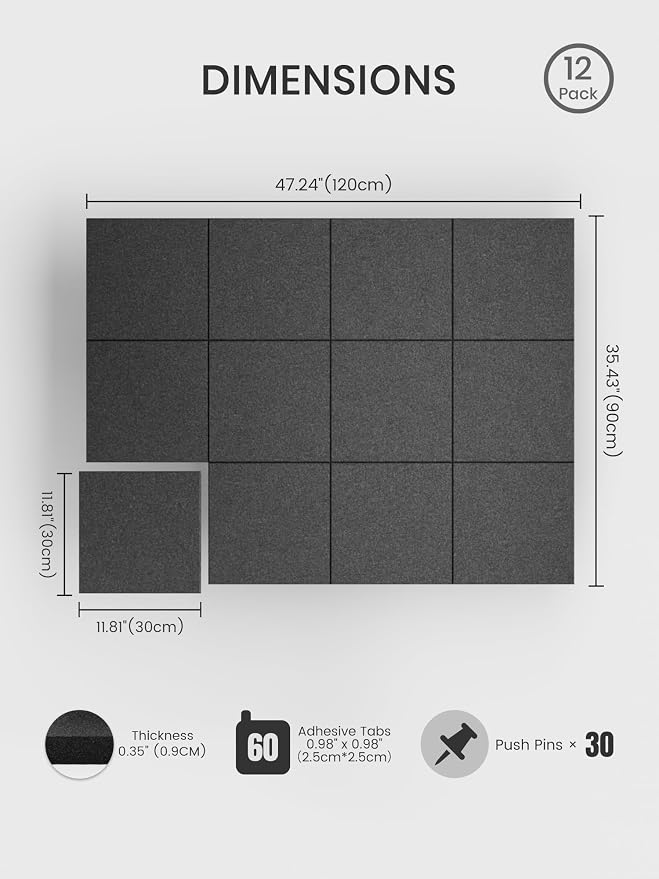 Bumusty 48"x 36" Large Felt Bulletin Board Tiles, Charcoal Gray | 12-Pack Cork Board Alternative, Wall Decor, 30 Pushpins, 60 Adhesive Tabs, Vision Board, Office, Classroom, Home, Dorm