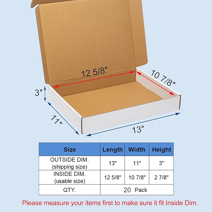White Shipping Boxes 13x11x3" 20 Pack - Corrugated Cardboard Box Mailers for Small Business, Literature Mailer Packaging Supplies