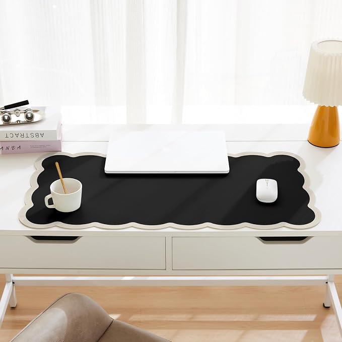 Scalloped Desk Mat, 31.5" x 15.7" Black Beige Large Cute Aesthetic Desk Accessories, PU Leather Computer Laptop Desk Mouse Keyboard Pad, Desk Writing Mat for Vanity/Work/Home Decor