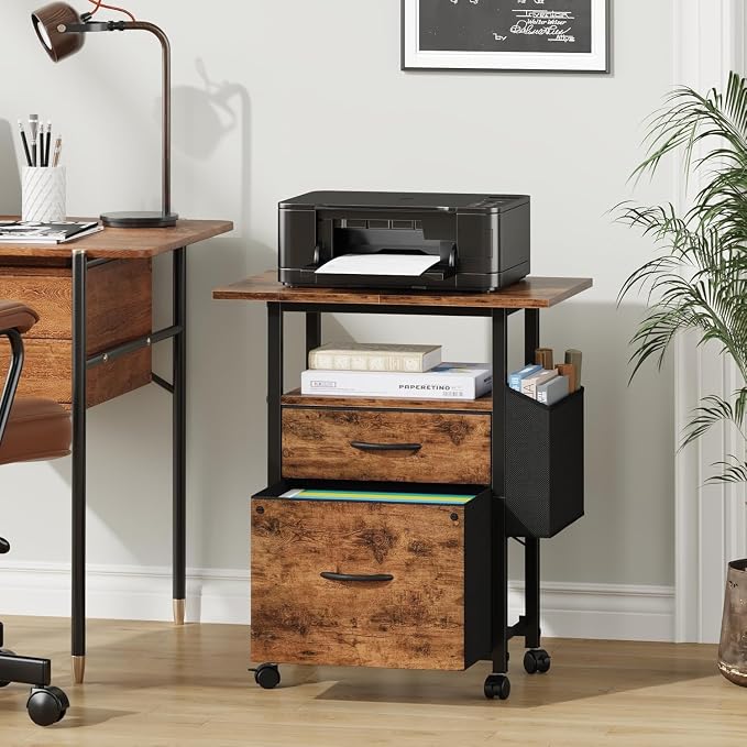 Simple Deluxe 2 Drawer File Cabinet with 24" Extended Desktop, Mobile Filing Cabinet, Rolling File Cabinet with Side Bag, Fabric Drawer, Fits A4/Letter Size, Printer Stand Home Office, Brown