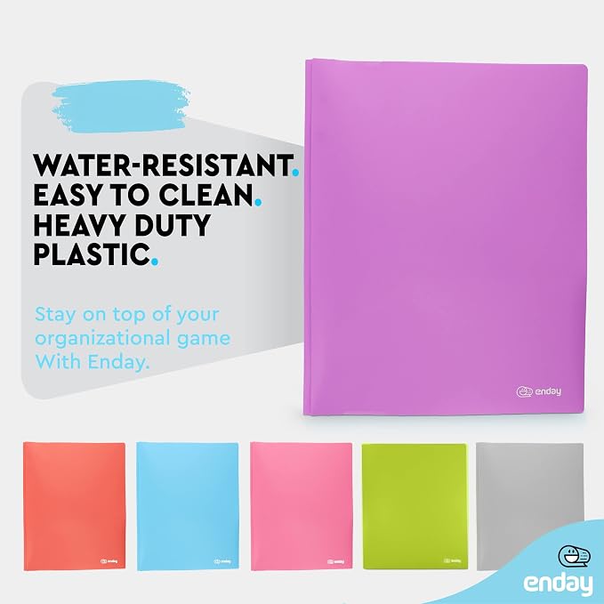 Plastic Folders with Pockets and Prongs Purple - Two Pocket Folder with Brads - 3 Prong Folders with Pockets for Letter Size Sheets, Also Available in Blue, Green, Red, Pink, and Grey, 1 Pc –by Enday