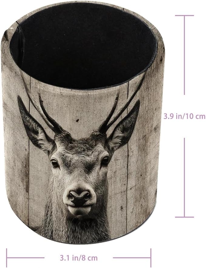 Leather Pen Holder for Desk, Ancient Wooden Wall Deer Pencil Cup Pen Organizer Makeup Brush Holder for Office Home Kids Countertop Desk Accessory Storage