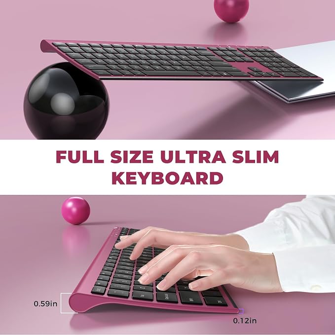 Vssoplor Wireless Keyboard and Mouse, Rechargeable Ultra Slim, Wine Red | Quiet Full-Size Keyboard and Mouse Combo Set, for Laptop, PC, Notebook, Desktop, 2.4GHz Stable Connection, Ideal for Office