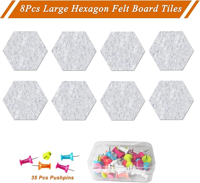 Large Hexagon Felt Cork Board Tiles, Self Adhesive DIY Felt Bulletin Board Pin Board with 35 Pushpins for Office School Home Wall Decor Stickers Memos Photos Display(Light Grey)
