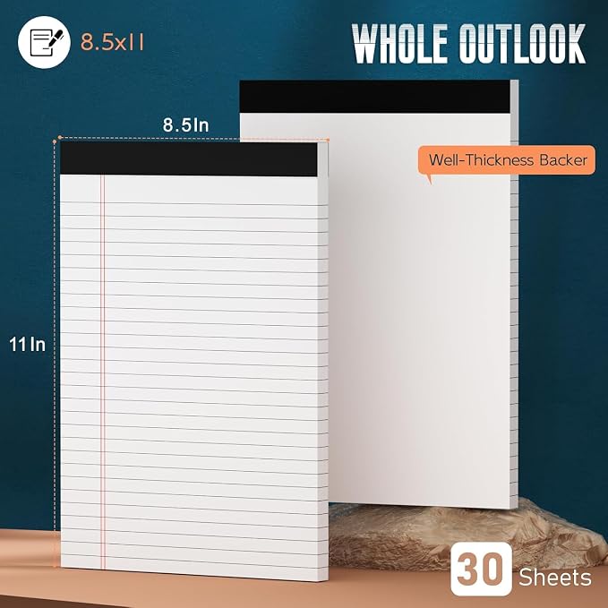 White Legal Note Pads 8.5 x 11'', 24 Pack Wide Ruled Lined Paper Note Pads | Perforated Wide Ruled Lined Writing Pads 30 Sheets per Notepad Double-Side Printed Note Pad 8.5x11 for Home, Office, School