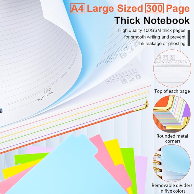 Hardcover Spiral Notebook 8.5"x11" Journal Notebook with Tabs and Removable Dividers 300 Pages 5 Subject Notebook College Ruled, Faux Leather Spiral Bound Notebook for Women School Work (Orange)