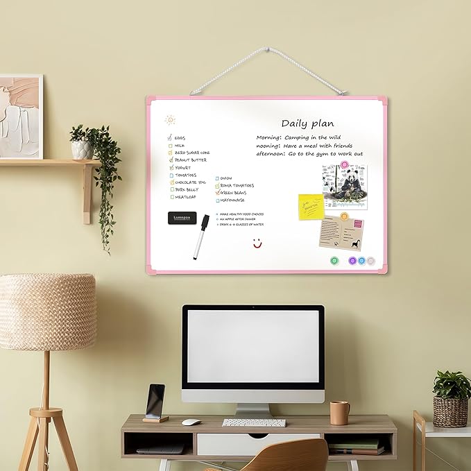 Dry Erase Board for Wall, 24" x 18" Double-Sided Hanging White Board with 6 Markers, 6 Magnets and 3 Mini Sticky Notes, Portable Whiteboard for Home, Office, School, Pink Frame