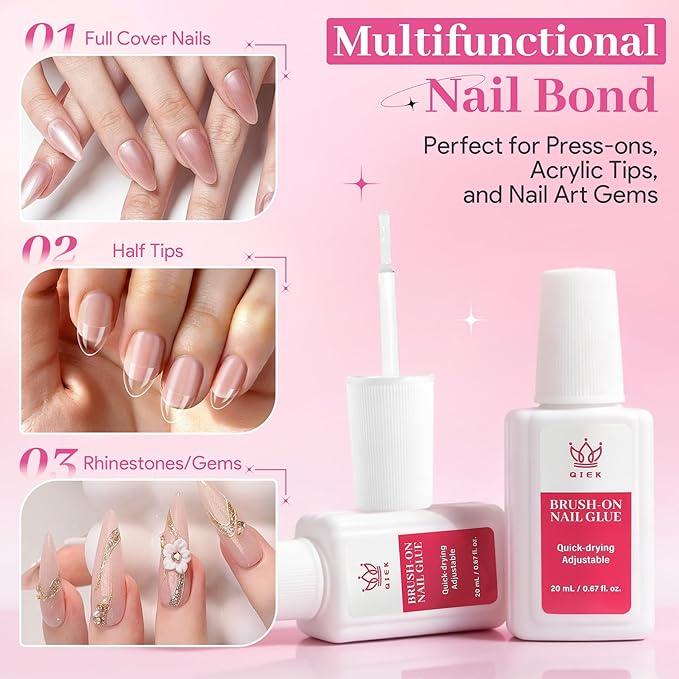 Strong Nail Glue for Press On Nails, Waterproof Brush On Nail Bond Adhesive, Safe Non-Toxic Formula, No UV Light Needed Fast Drying Long Lasting Super Hold for Acrylic Fake Nail Tips, 20ml/0.67fz