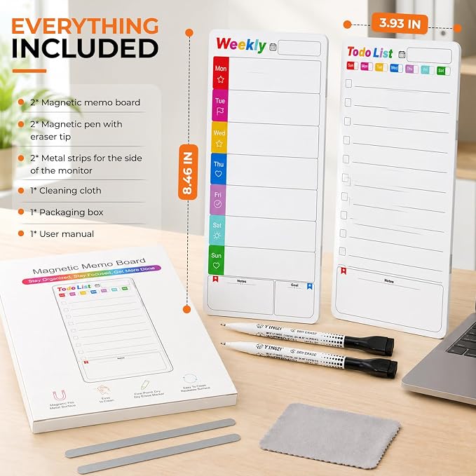 Office Supplies Desk Accessories 2pcs Computer Monitor Magnetic Memo Board | 2pcs To Do List Dry Erase Magnetic Memo Board Planer, Sticky Note Holder with 2 Markers
