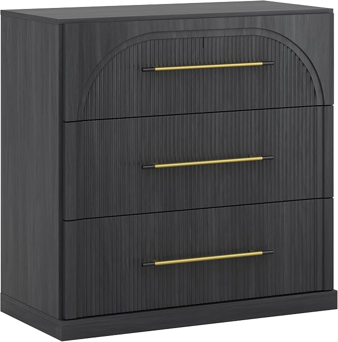 BELLEZE Bookcase with 3 Drawers, Modern Book Shelf with Metal Handle, Wood Bookshelves for Living Room Office Entryway (Ebony)