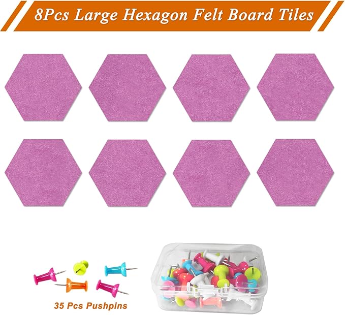 Large Hexagon Felt Cork Board Tiles, Self Adhesive DIY Felt Bulletin Board Pin Board with 35 Pushpins for Office School Home Wall Decor Stickers Memos Photos Display(Light Purple)