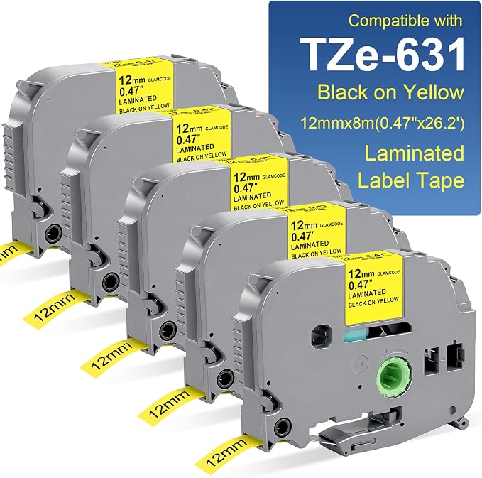 5-Pack TZe-631 TZe TZ Tape 12mm 0.47 Laminated Yellow Label Tape | Replacement for Brother P Touch Label Maker Tape for PT-D210 PT-D220 PTD200 PT-H110 PT-H100 PT-D400