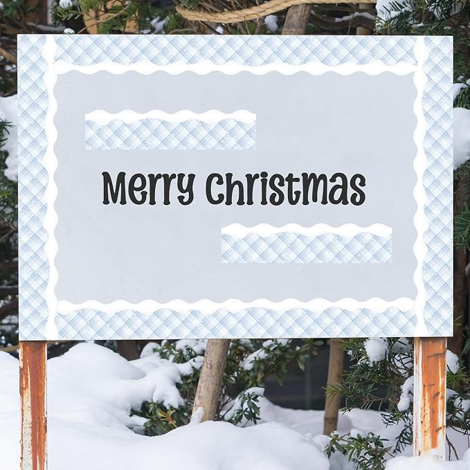 BeYumi Winter Snowflake Border Trim - 65ft Winter Christmas Sage Blue Snowflake Plaid Scalloped Rolled Border Trim Checkered Bulletin Board Borders School Classroom Office Chalkboard Door Decoration
