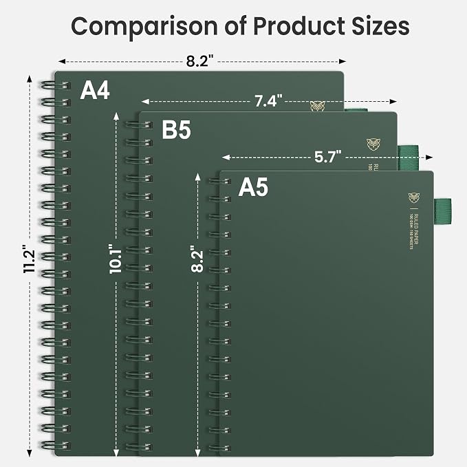 EMSHOI Lined Spiral Journal Notebook, 300 Pages, B5 Size (7.4'' x 10.1'') | College Ruled, 100 GSM Thick Paper, Flexible Plastic Cover, for School, Writing, Work, Office & Journaling (Deep Green)