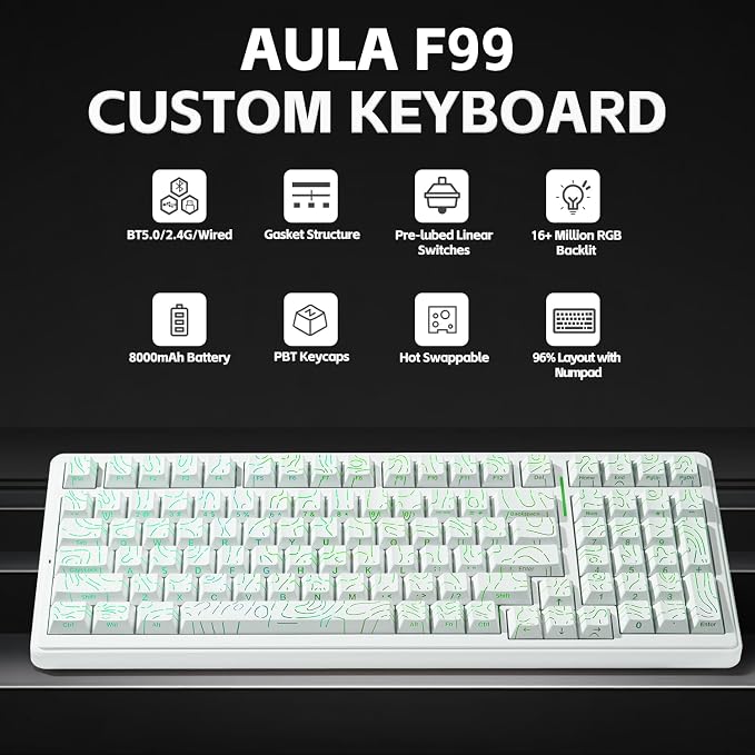 Aula F99 Creamy Keyboard Wireless Mechanical Custom Gaming Keyboards | 96% Computer Keyboard,Hot Swappable RGB Backlit Keyboards,Full Size Topographic Side-printed Keycaps,LEOBOG Switch