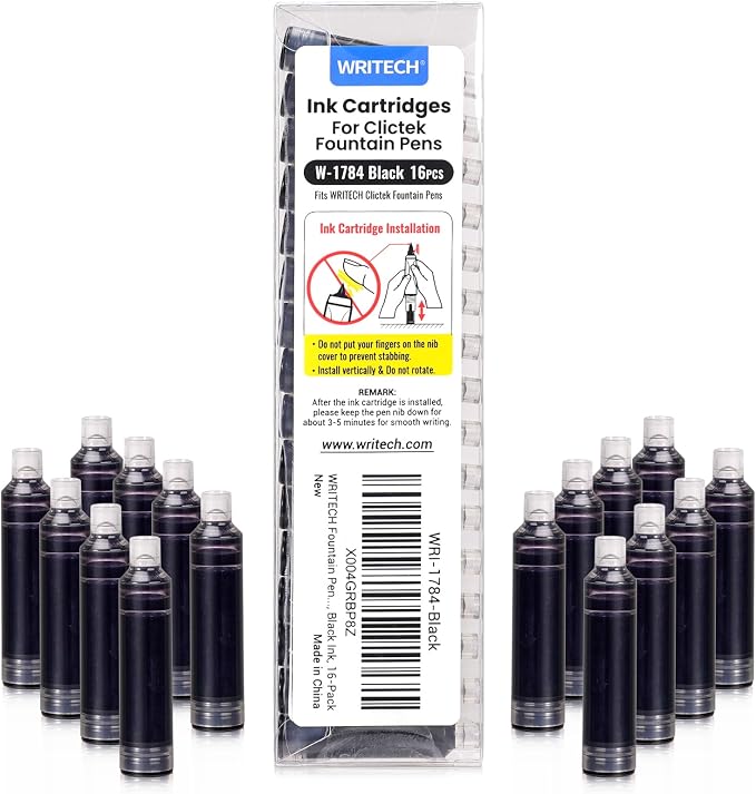 WRITECH W-1784 Cartridge Black Ink: 16ct for Clictek Fountain Pen | Refillable Design Ink Cartridges Only for WRITECH Clictek Fountain Pens, Blue or Black Available, No leaking Smooth Writing