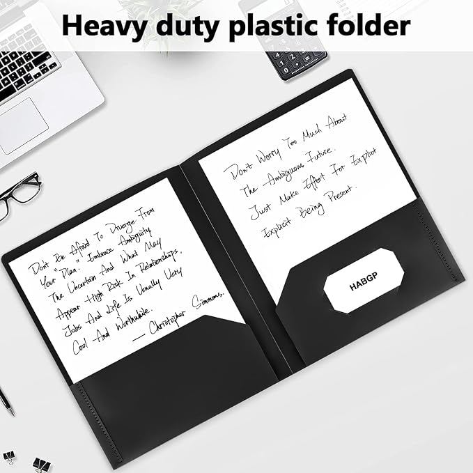 HABGP 12 Pack Black File Folders with Pockets, Plastic 2 Pocket Folders | Business Card Slot, Letter Size, Folders for Documents, Office Filing Cabinet Folders, School Supplies, for College Students