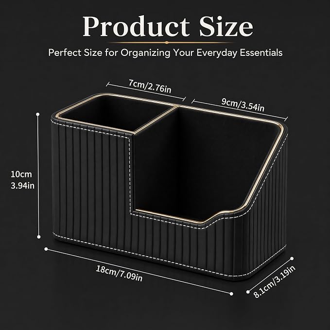Luxury Black PU Leather Desk Organizer with Gold Trim, Premium Pen Holder for Desk Accessories, Modern Office Supplies Organizer for Home Office Desk Decor