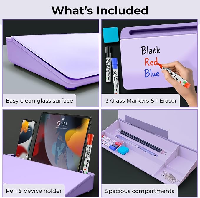 Chalkola Lavender Glass Desktop Whiteboard with Storage + 3 Markers | Dry Erase Board, Work Desk Organizers, Computer Keyboard Stand, Home Office Supplies for Women, Accessories, Workspace Buddy