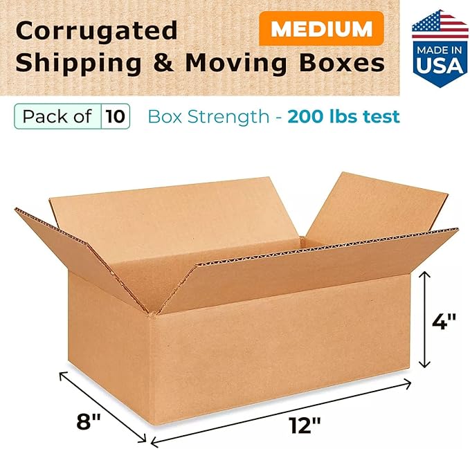 Medium Moving & Shipping Boxes 12x8x4 inches (10-Pack) - Extra Strength 200 lb vs Regular - USA-Made Corrugated Strong Packing Boxes - Packing Box for Moving Medium - Box for Shipping by IDL Packaging