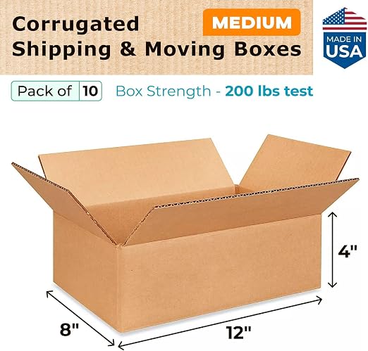 Medium Moving & Shipping Boxes 12x8x4 inches (10-Pack) - Extra Strength 200 lb vs Regular - Corrugated Strong Packing Boxes - Packing Box for Moving Medium - Box for Shipping by IDL Packaging | Extra Strength 200 lb vs Regular - Corrugated Strong Packi...