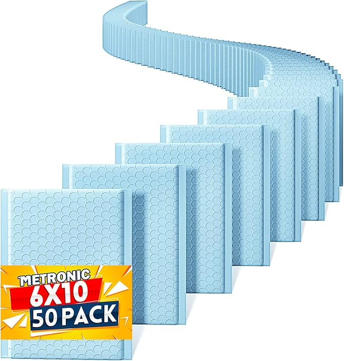 Metronic Bubble Mailers 6x10 Inch 50 Pack, Self-Seal Waterproof Padded Envelopes, Bubble Packaging Envelopes for Shipping, Mailing, Small Business, Light Blue Bulk #0, Bubble Mailers Usable Size 6x9