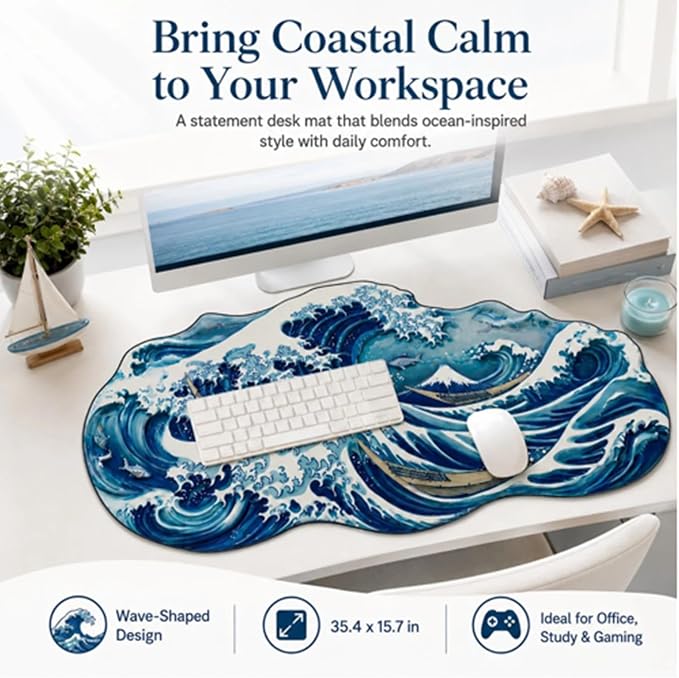 Large 3D Blue Ocean Wave Desk Mat Wave Surfing Gaming Mouse Pad Non Slip | Rubber Base Decorative Keyboard Mat Extended Desk Protector for Office, Home, Study and Workstation, 35.43 x 15.75 Inch