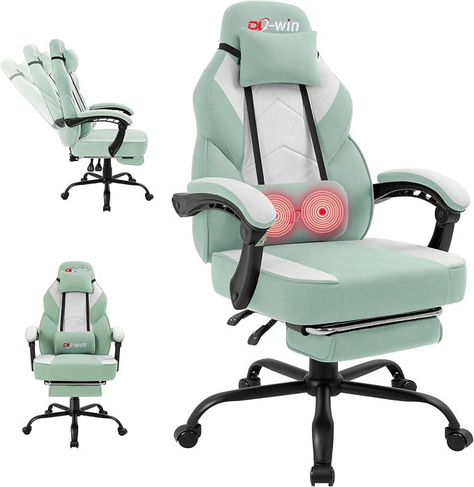 Gaming Chair for Adults with Footrest & Massage Lumbar Support, Ergonomic High Back Gamer Chair, Adjustable Swivel Computer Gaming Chairs with Headrest and Linkage Armrests,Green