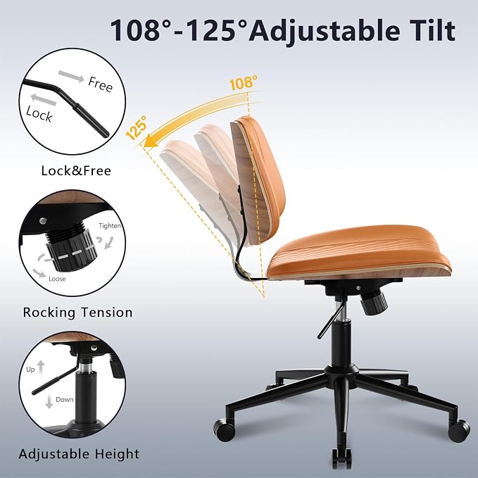 Modern Armless Office Chair with Wheels, Wide Seat Walnut, Brown | Adjustable Swivel Desk Chair with Mid Back & Tilt Function, Faux PU Leather Mid Century Modern Task Office Chair, 300LBS Cap