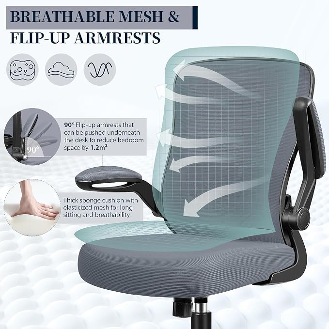 FelixKing Office Chair, Ergonomic Comfy Desk Chair with Flip-up Armrests | Adjustable Height, 360°Swivel, Flexible Tilt, Breathable Cushion and Fabric, Lumbar Support for Home Office, Dark Grey