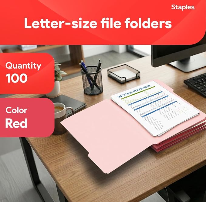 Staples File Folders, Letter Size, 1/3-Cut Tabs, Red, 100/Pack | Durable 10.5-point paper stock for everyday office document filing.