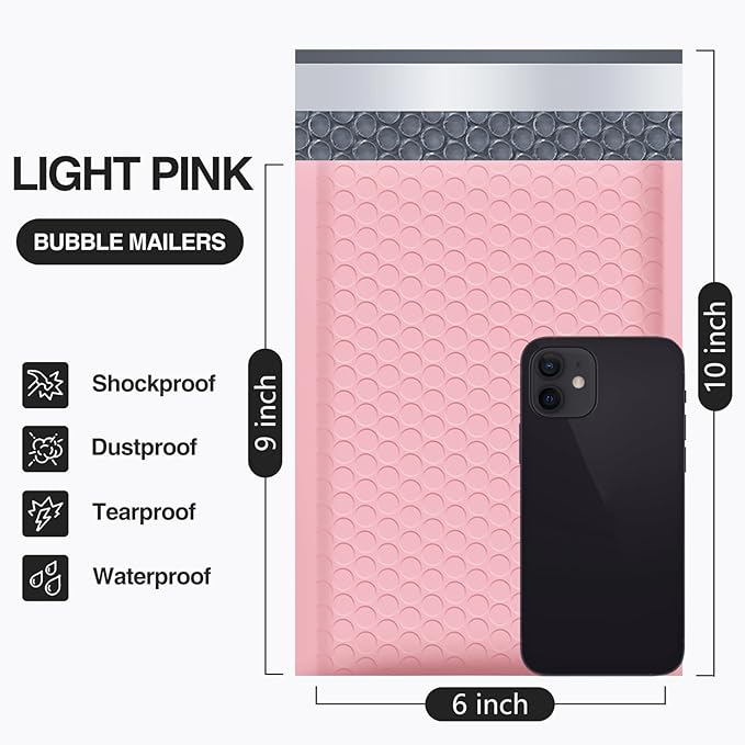 UCGOU Bubble Mailer 6x10 Inch 100 Pack Usable Size 6x9 Inch Light Pink Poly Padded Envelopes Waterproof Bubble Bags for Small Business Shipping Self Seal Mailing Envelopes for Jewelry Makeup Supplies